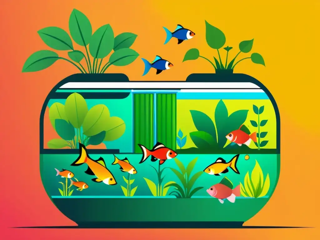 Detallada ilustración de un sistema acuapónico equilibrado, con plantas exuberantes y peces felices en un entorno armonioso