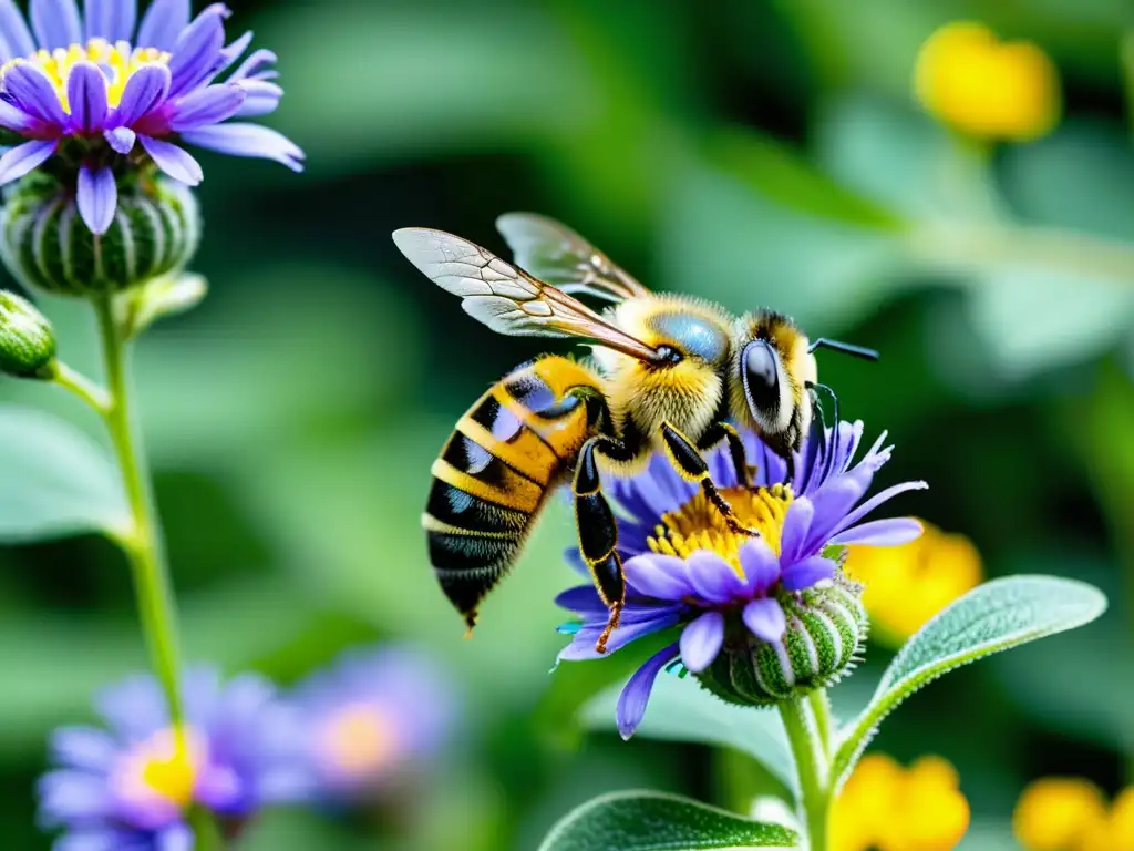 Detalle de abeja cubierta de polen amarillo sobre flor morada en jardín vertical urbano, promoviendo polinización y biodiversidad