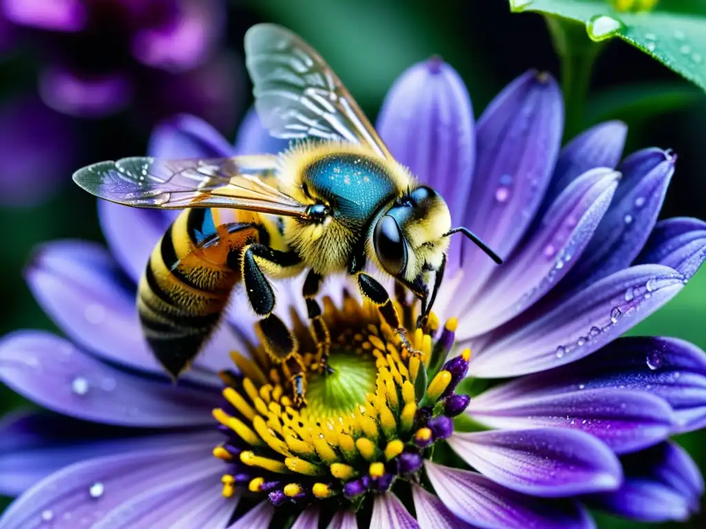 Detalle de abeja cubierta de polen en flor morada en jardín urbano - Polinización en huertos urbanos