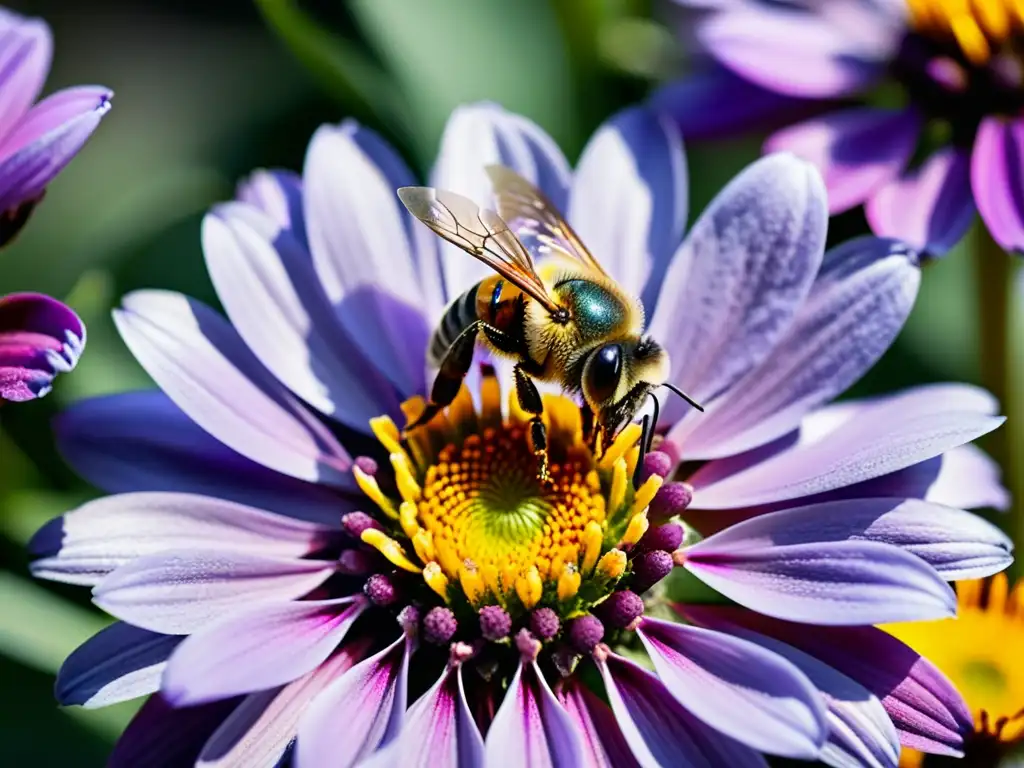 Detalle de abeja cubierta de polen sobre flor urbana