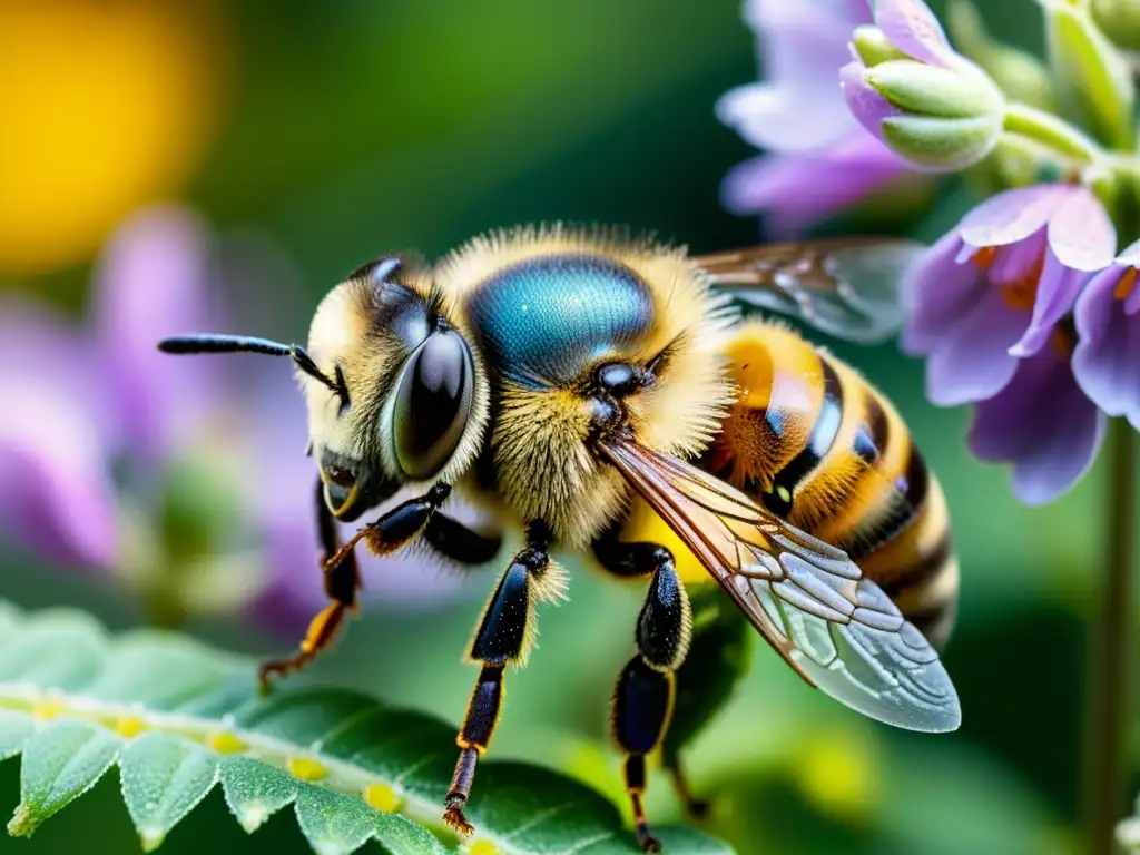 Detalle de abeja cubierta de polen en jardín vertical, capturando la polinización en huertos verticales con movimiento y belleza natural