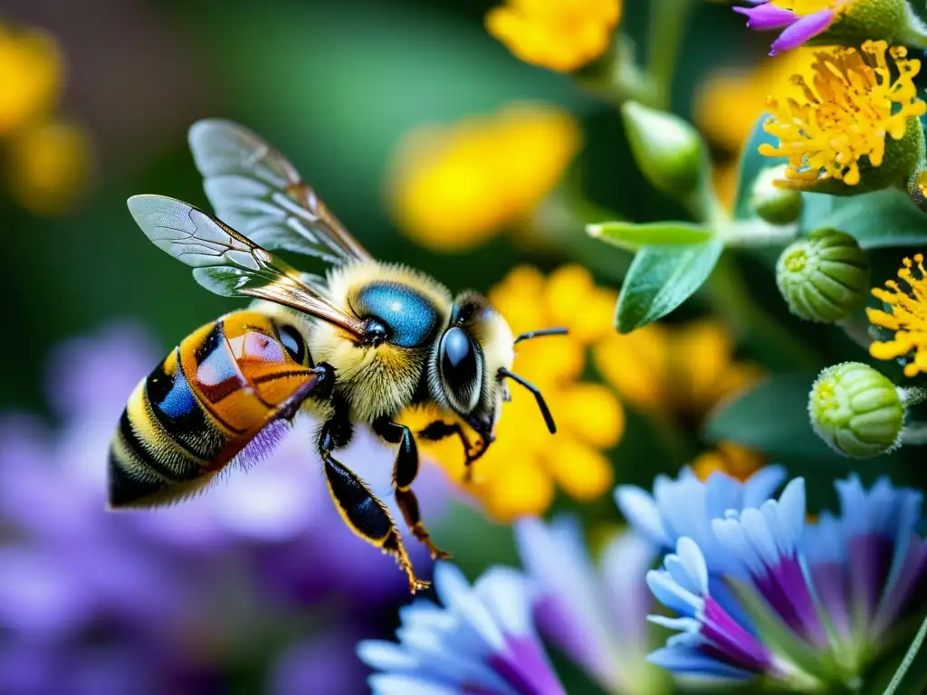 Detalle de abeja cubierta de polen en jardín vertical, polinización en huertos verticales