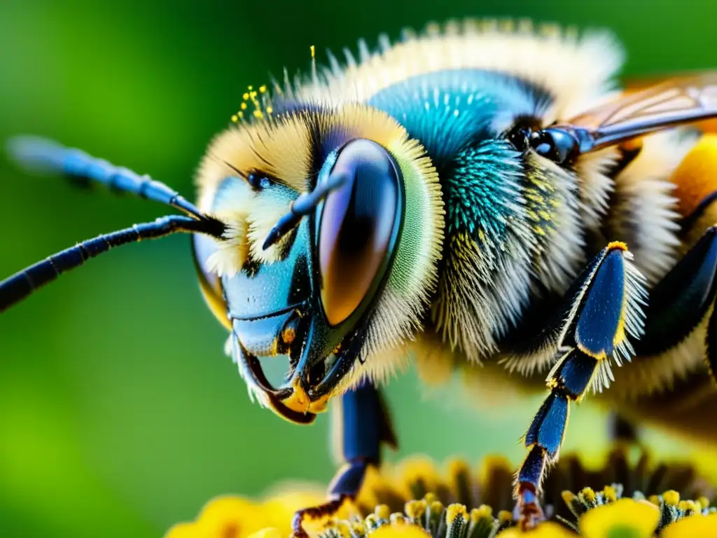 Detalle de abeja cubierta de polen en huerto vertical urbano, resaltando su labor de polinización y la belleza de la naturaleza