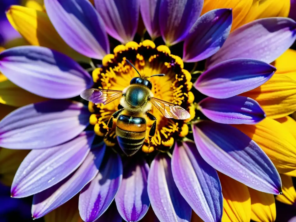 Detalle de una abeja cubierta de polen sobre una flor morada y amarilla