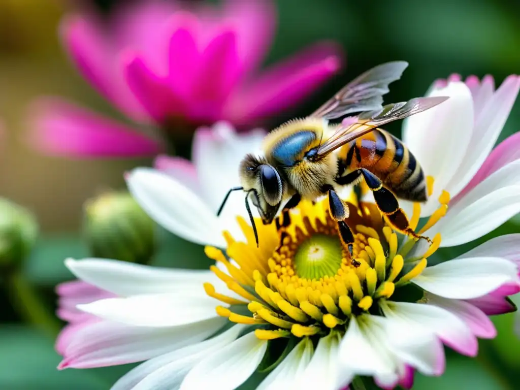 Detalle de abeja polinizando una flor en huerto urbano, capturando la esencia de la polinización en huertos urbanos con exquisito detalle