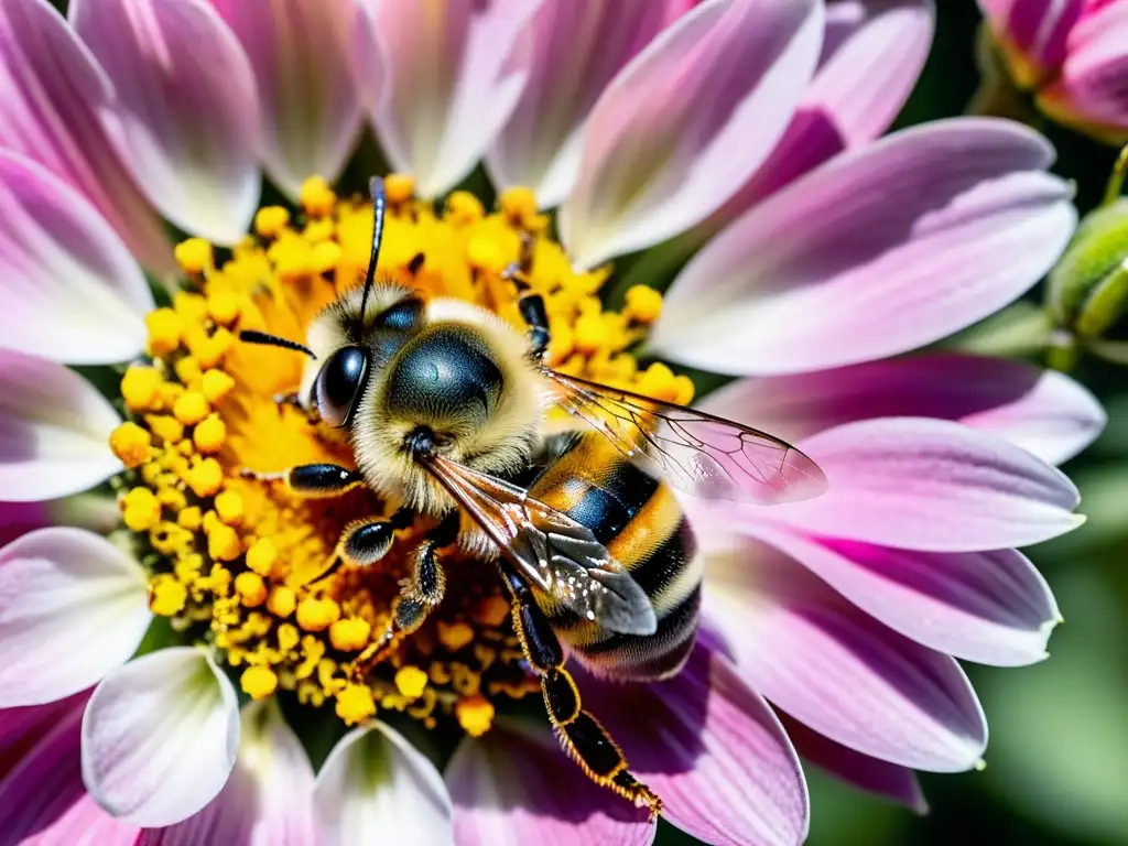 Detalle de abeja polinizadora en flor rosa y blanca, resaltando la importancia de la polinización en huertos verticales