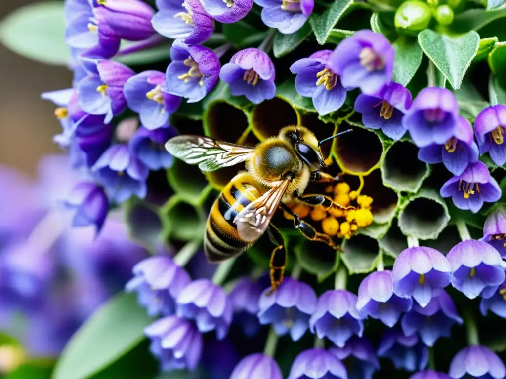 Detalle de abeja polinizando en jardín vertical urbano