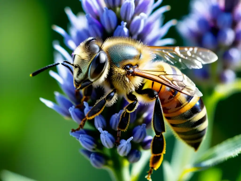 Detalle asombroso de una abeja cubierta de polen en una flor de lavanda, clave para el monitoreo de polinizadores en agricultura urbana