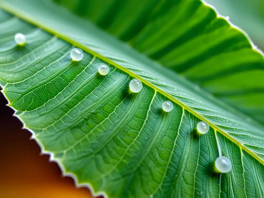 Detalle asombroso de una hoja de planta sana con cochinillas blancas