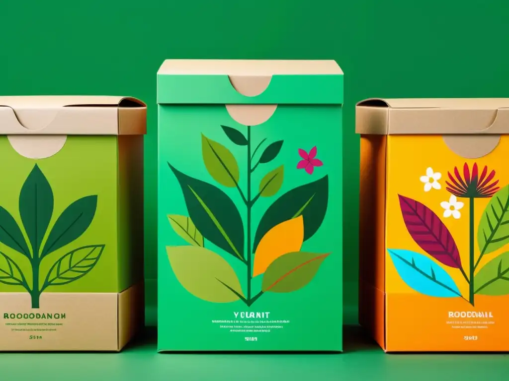 Diseños vibrantes en cajas ecológicas para jardines verticales Detalle de cajas de cartón ecológico para huertos verticales, con diseños naturales vibrantes y rodeadas de exuberantes jardines verticales