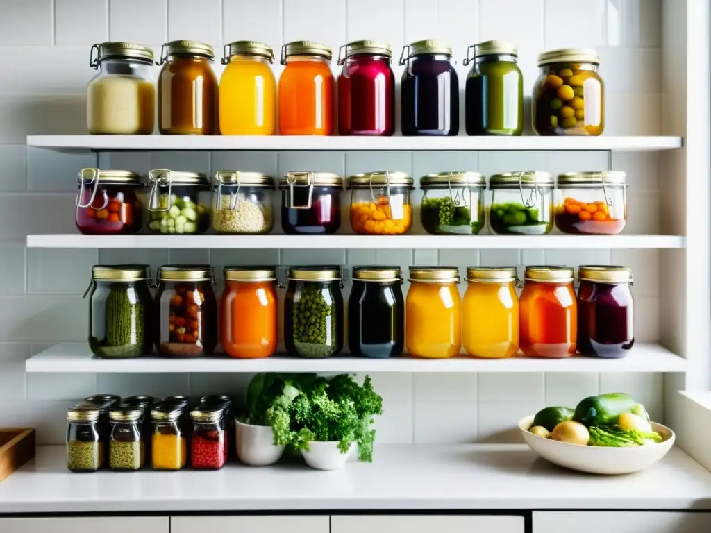 Detalle de cocina urbana con tarros de vegetales fermentados en estantes minimalistas, iluminados por luz natural