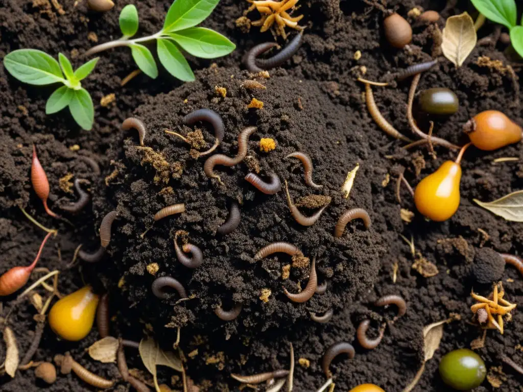 Compost vivo: detalle asombroso de microecosistema Detalle de compost rico y oscuro, repleto de lombrices y microorganismos beneficiosos
