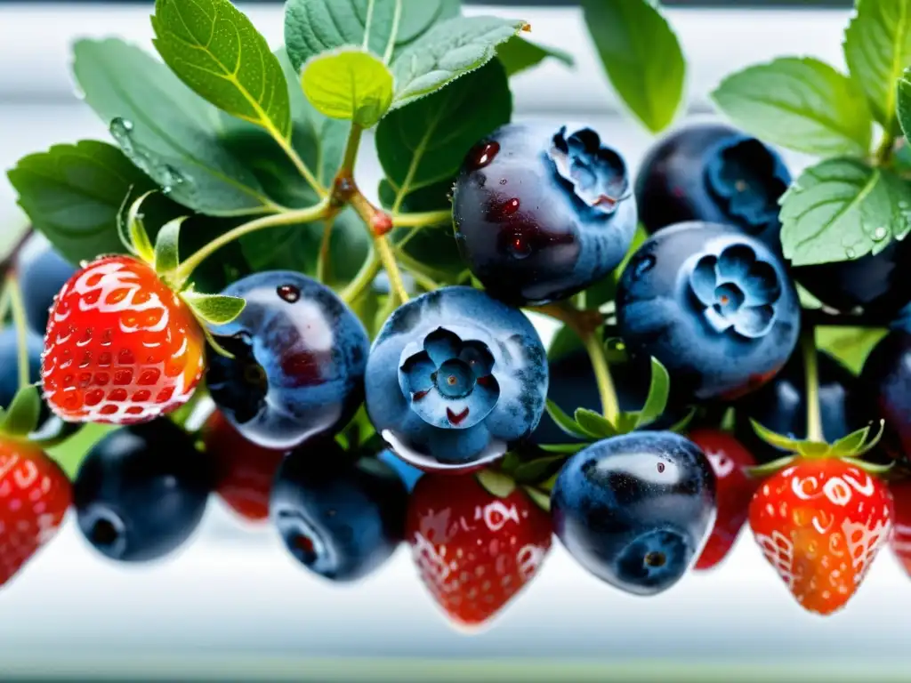 Detalle de cultivo de superalimentos en casa: frambuesas y arándanos maduros en sistema hidropónico moderno, con hojas exuberantes y gotas de agua