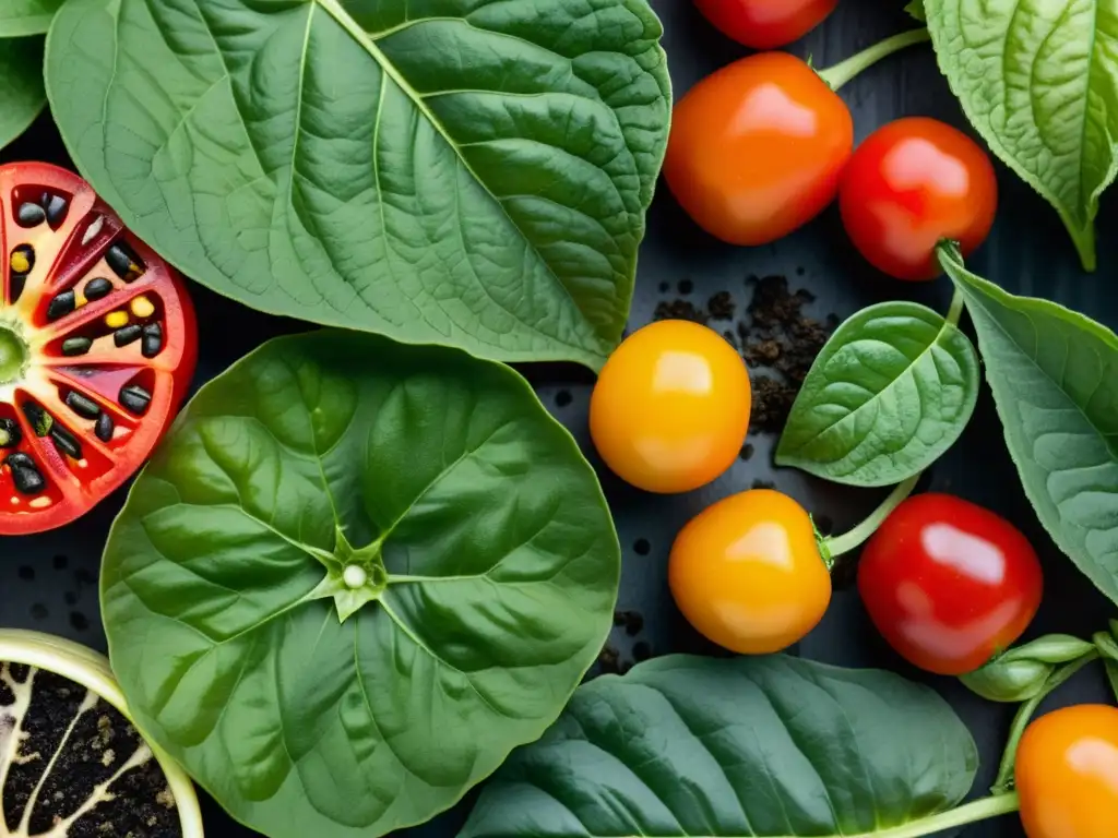 Detalle de enfermedades foliares en huertos urbanos: manchas, decoloración y lesiones en plantas de tomate, pimiento y albahaca