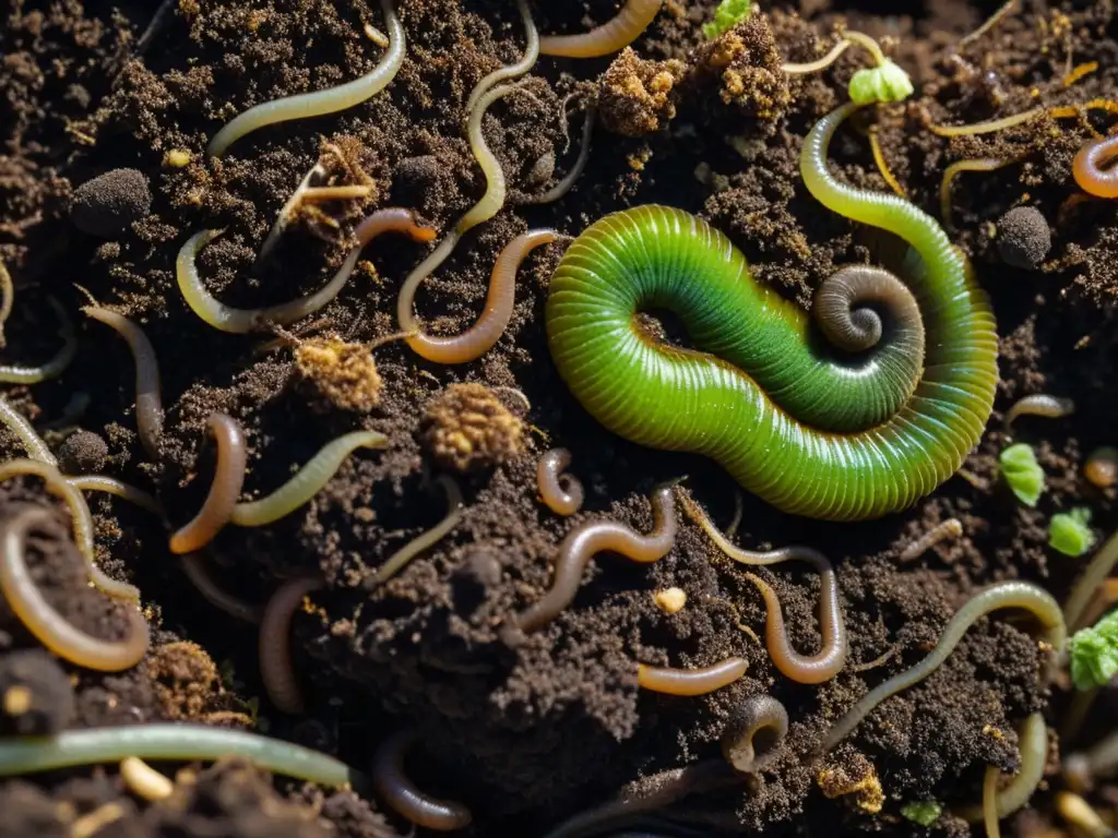 Detalle enriquecedor de almacenamiento compost maduro, con capas de materia orgánica en descomposición, lombrices y actividad microbiana