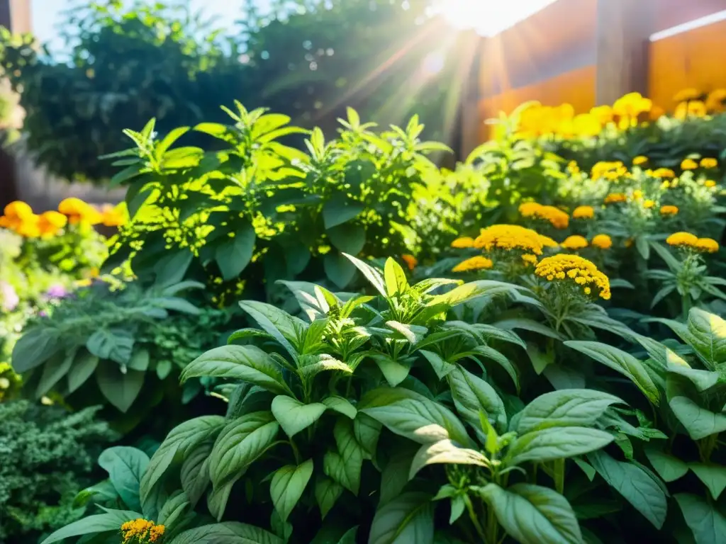 Detalle de un exuberante huerto urbano con plantas repelentes de plagas, bañado por la luz del sol y habitado por abejas y mariposas