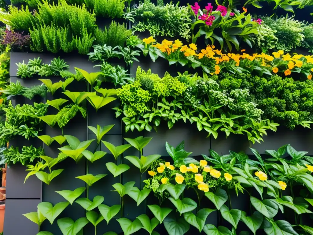 Detalle de un exuberante huerto vertical urbano, resaltando la diversidad de plantas y flores