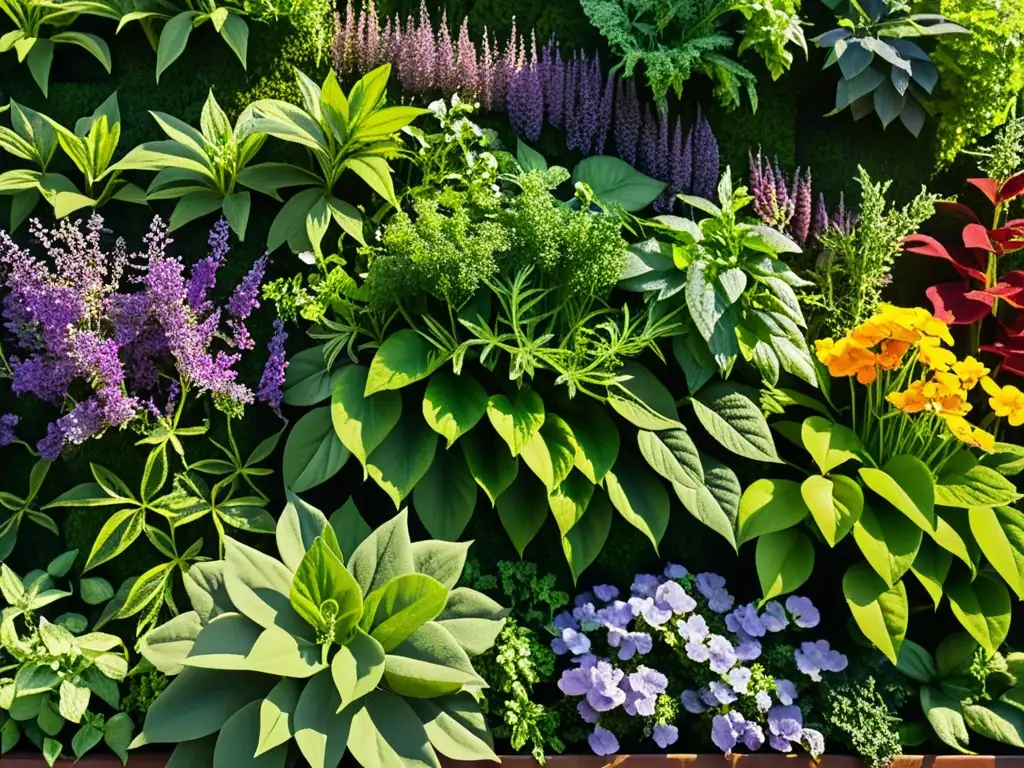 Detalle de un exuberante huerto vertical con hierbas, vegetales y flores comestibles, perfecto para maridajes con productos de huertos verticales