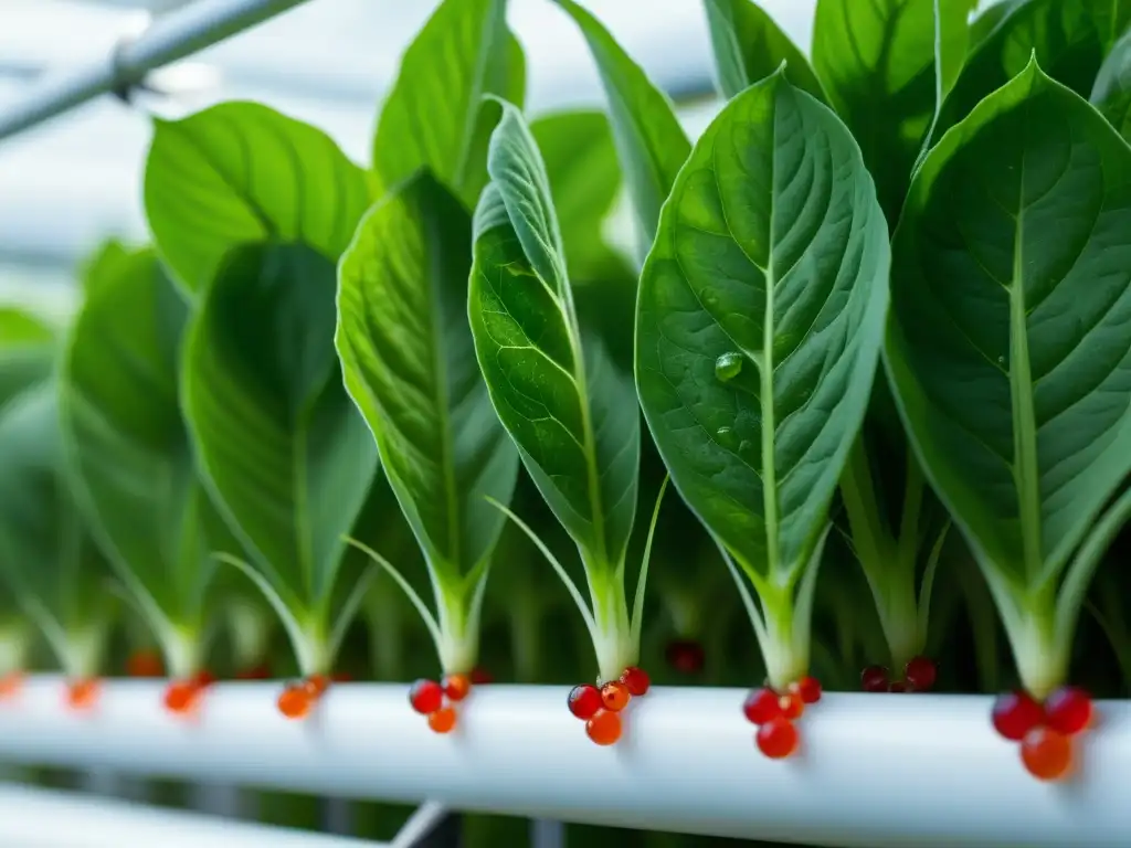 Detalle de granja hidropónica vertical con plantas verdes afectadas por control araña roja en los cultivos verticales