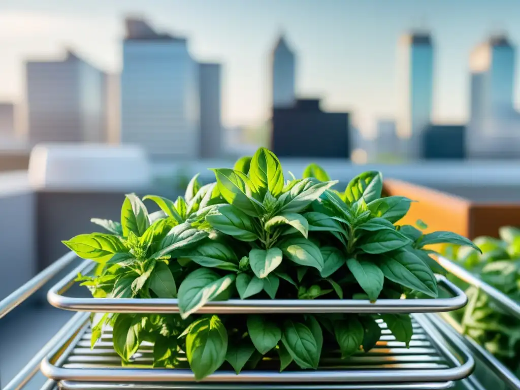 Detalle de hierbas aromáticas recién cosechadas en moderno secador de acero inoxidable, en un jardín urbano iluminado por el sol