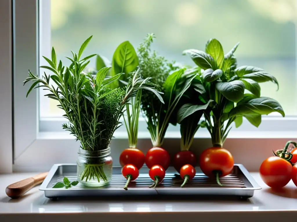 Detalle de hierbas y vegetales recién recolectados en un moderno rack de secado, bañados por la luz del sol en una cocina acogedora