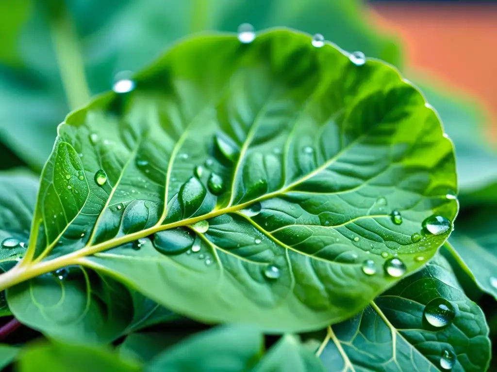 Detalle de una hoja de espinaca urbana recién cosechada, brillante con gotas de agua, resaltando su color verde intenso y delicadas venas