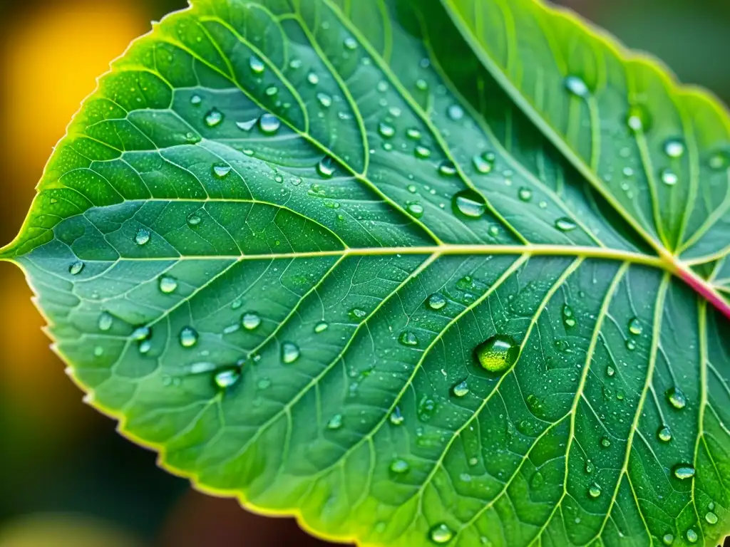 Detalle de hoja de planta sana con gotas de agua, reflejando luz natural