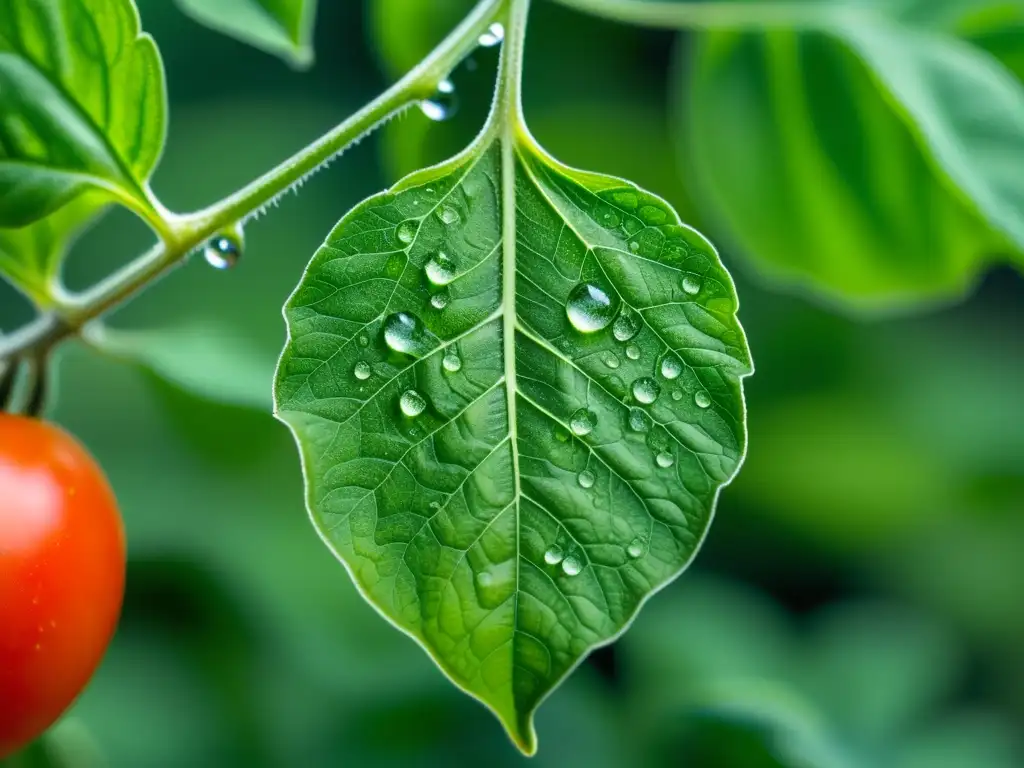 Importancia del calcio en plantas: hoja de tomate con depósitos de calcio Detalle de hoja de planta de tomate con depósitos de calcio, resaltando la importancia de soluciones niveles adecuados calcio en sistemas acuapónicos