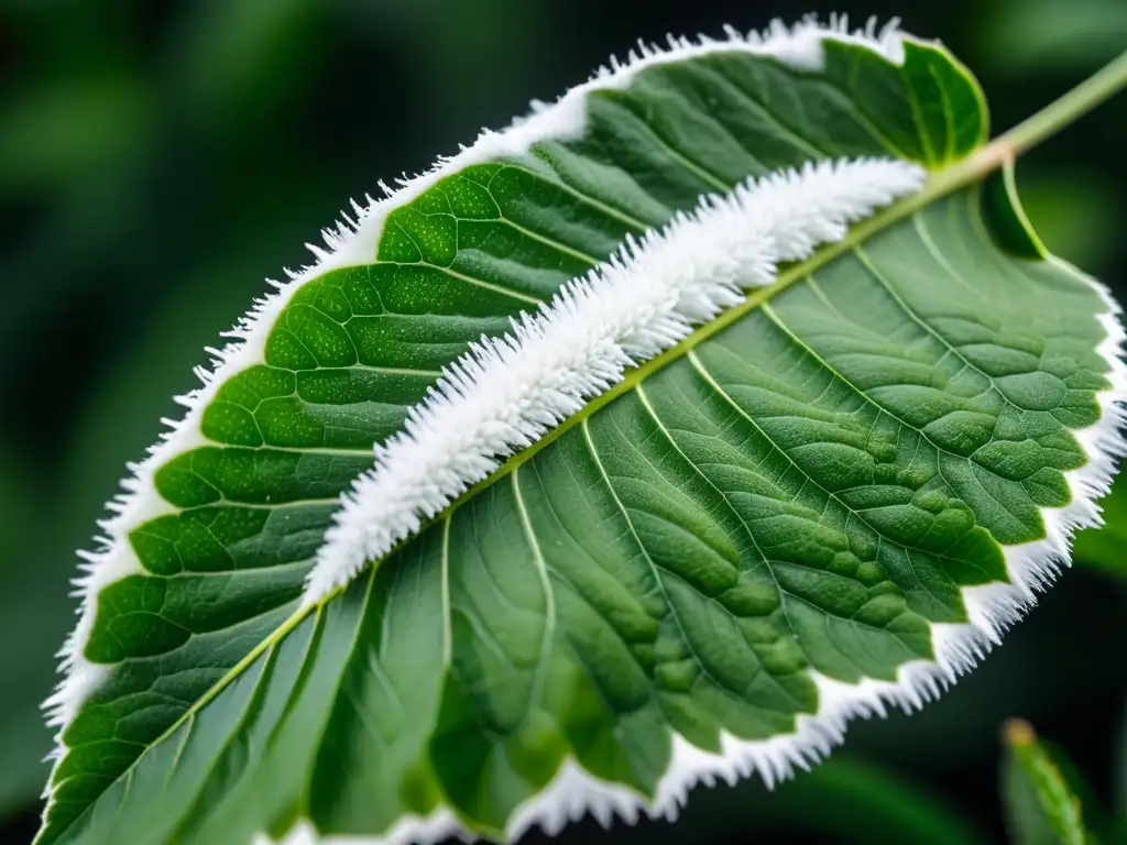 Detalle 8k de hoja de planta verde con cochinilla, mostrando contraste entre zonas infestadas y sanas