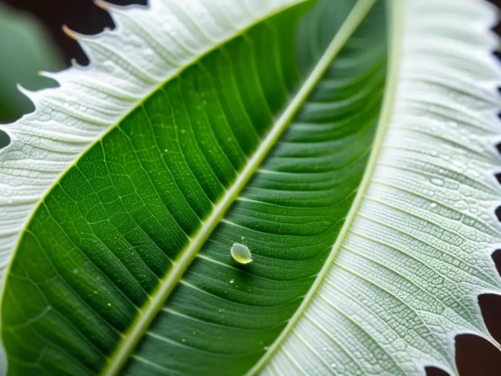 Detalle de hoja sana de planta con infestación de cochinilla, mostrando contraste entre plagas blancas y verde vibrante