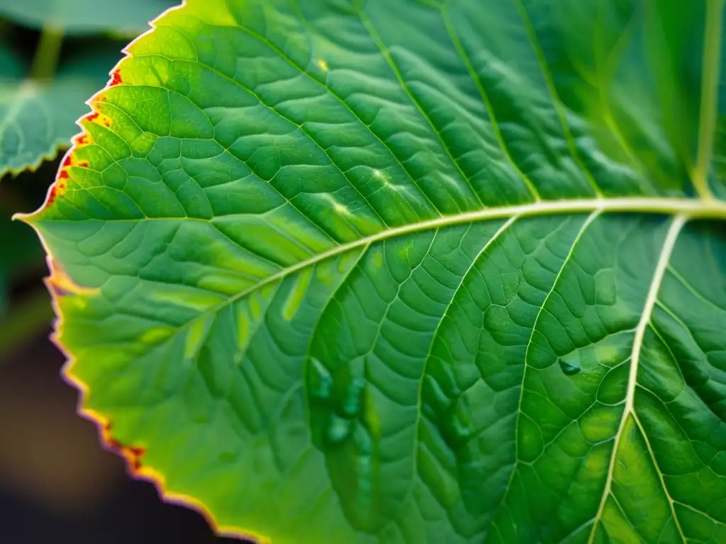 Detalle de hoja con signos de falta de nutrientes en acuaponía urbana, mostrando patrones de decoloración y daño característicos