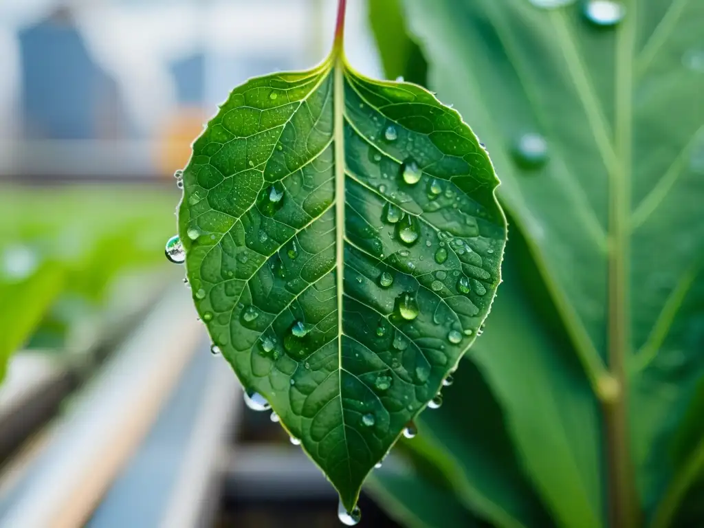 Detalle de hoja verde con gotas de rocío en acuaponía urbana, reflejando su entorno