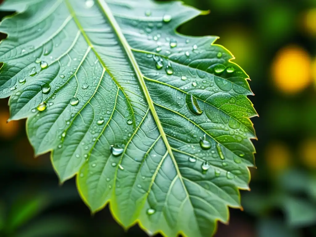 Detalle de hoja verde vibrante con gotas de agua, en un huerto vertical exuberante