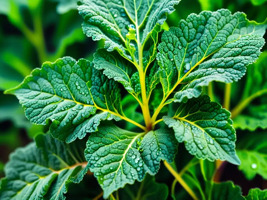 Detalle de hojas de kale verde en cultivos acuapónicos para diabéticos, con gotas de agua