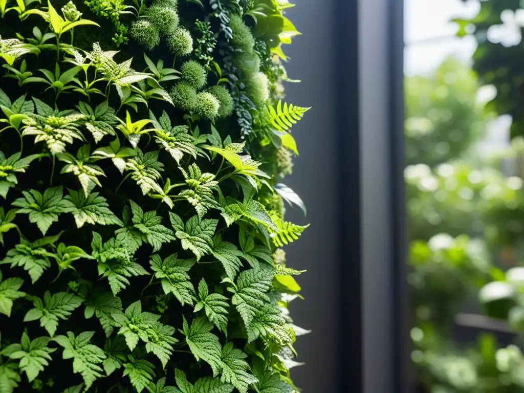 Detalle de huerto vertical con plantas exuberantes y moscas blancas