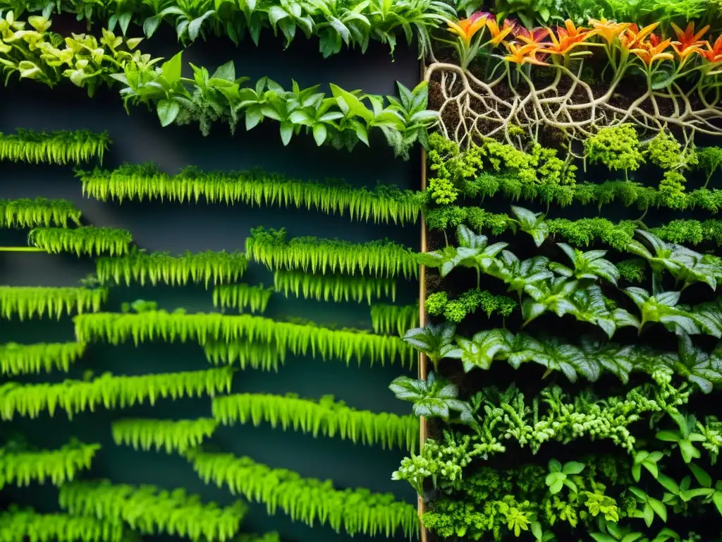 Detalle de la importancia de los microorganismos en un huerto vertical: raíces de plantas verdes y saludables en simbiosis con hongos micorrícicos