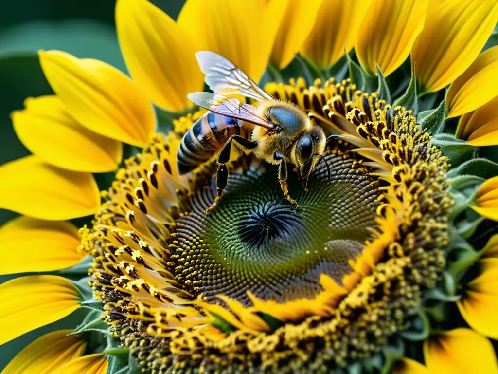 Detalle impresionante de una abeja cubierta de polen sobre un girasol vibrante