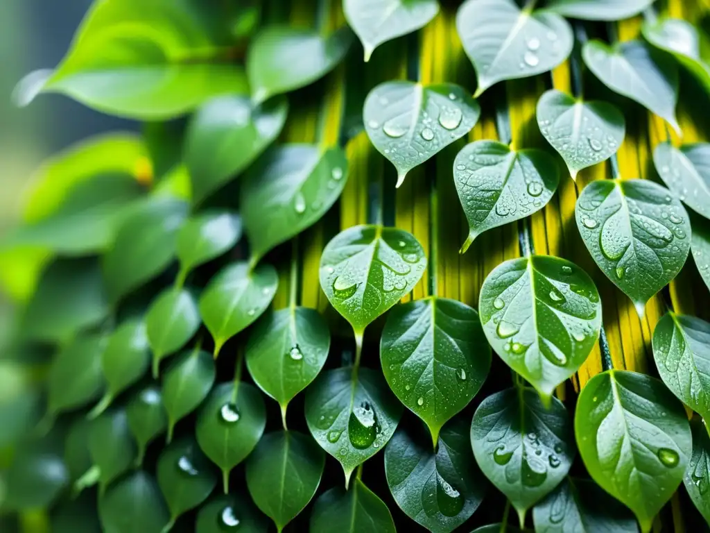 Detalle impresionante de gotas de agua en hojas de jardín vertical, resaltando el manejo de humedad para huertos verticales