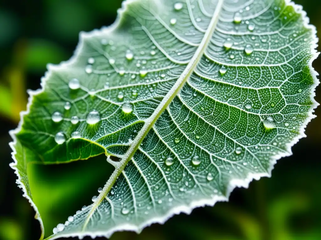 Detalle impresionante de hongo blanco sobre hoja verde brillante