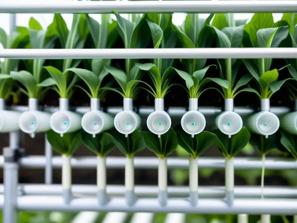 Detalle impresionante de un sistema de riego por pulso en agricultura vertical, destacando los beneficios del método