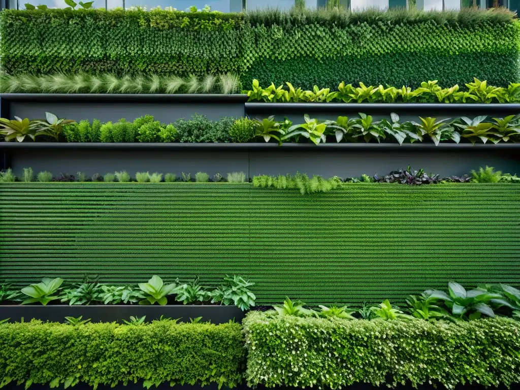 Detalle impresionante de un jardín vertical en un entorno urbano moderno, destacando las técnicas de ahorro de agua en huertos verticales