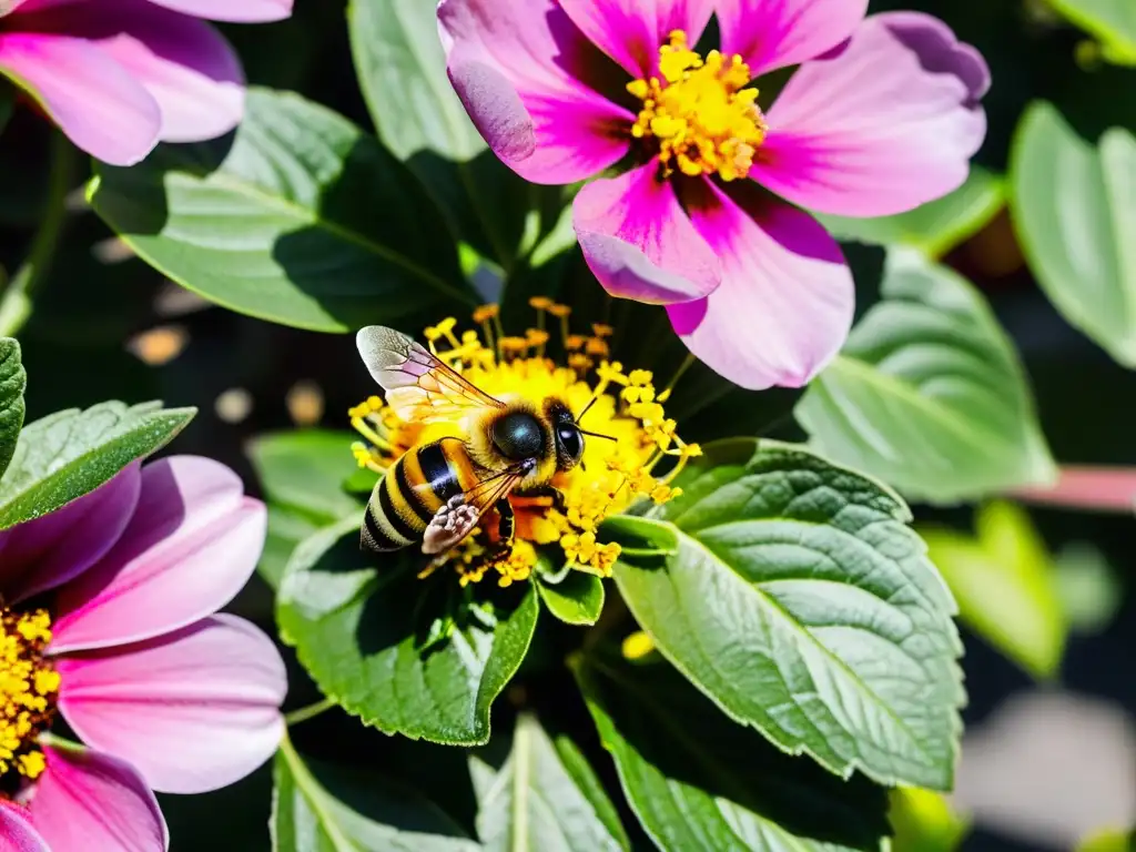 Detalle de polinización en huertos verticales urbanos con abeja cubierta de polen sobre una flor vibrante en jardín urbano