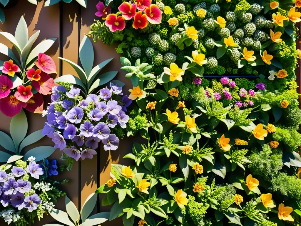 Detalle de polinizadores en huertos verticales urbanos: flores coloridas en plena floración, bañadas por cálida luz solar