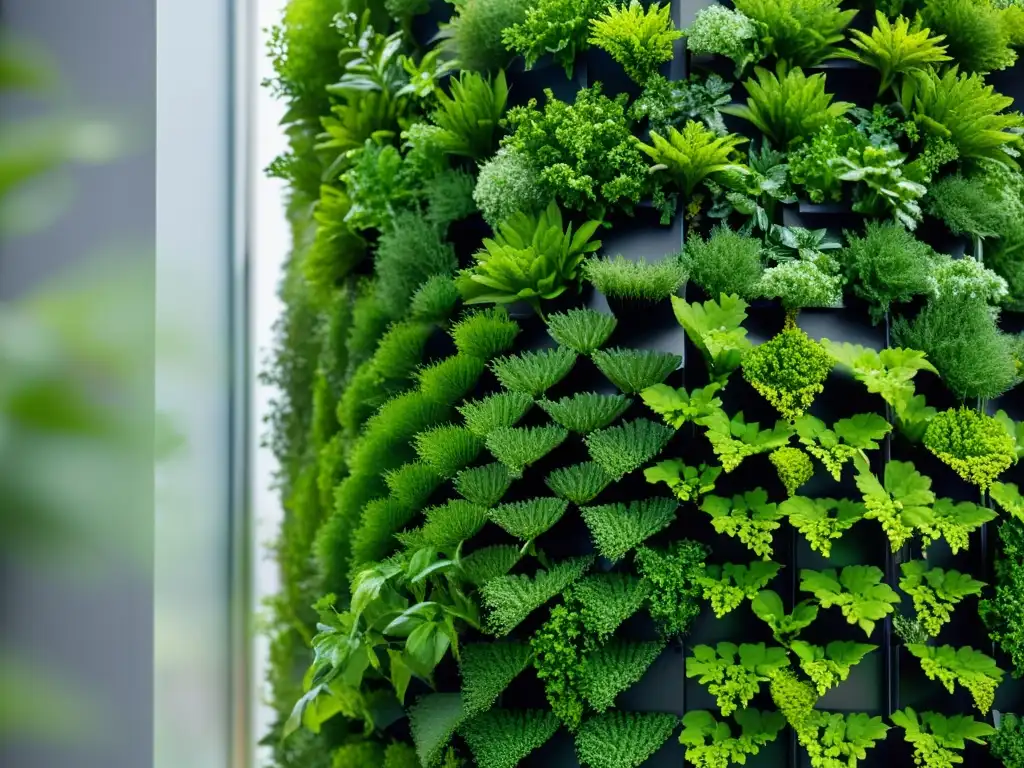 Detalle preciso de huerto vertical con plantas vibrantes