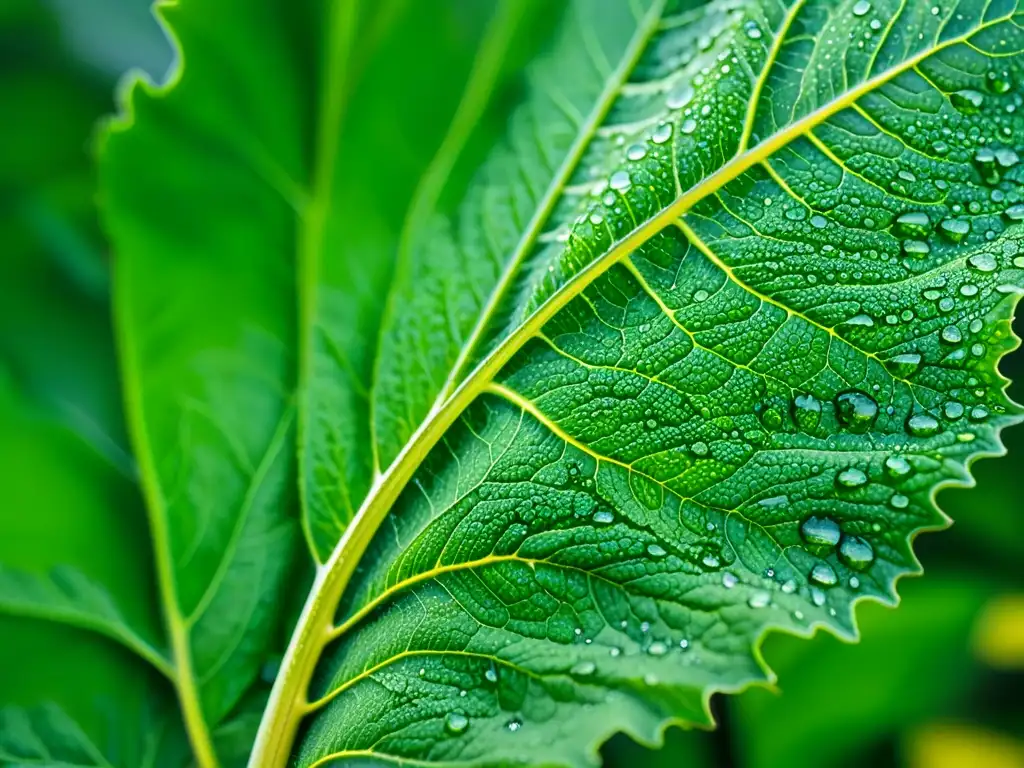 Detalle en primer plano de una vibrante hoja de col rizada, con textura intrincada y color verde intenso bajo la luz solar