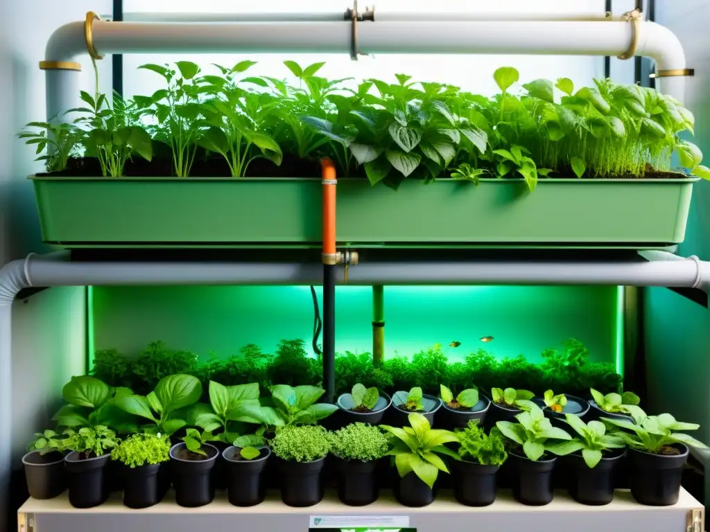 Detalle de un próspero sistema acuapónico urbano, con plantas exuberantes y peces nadando