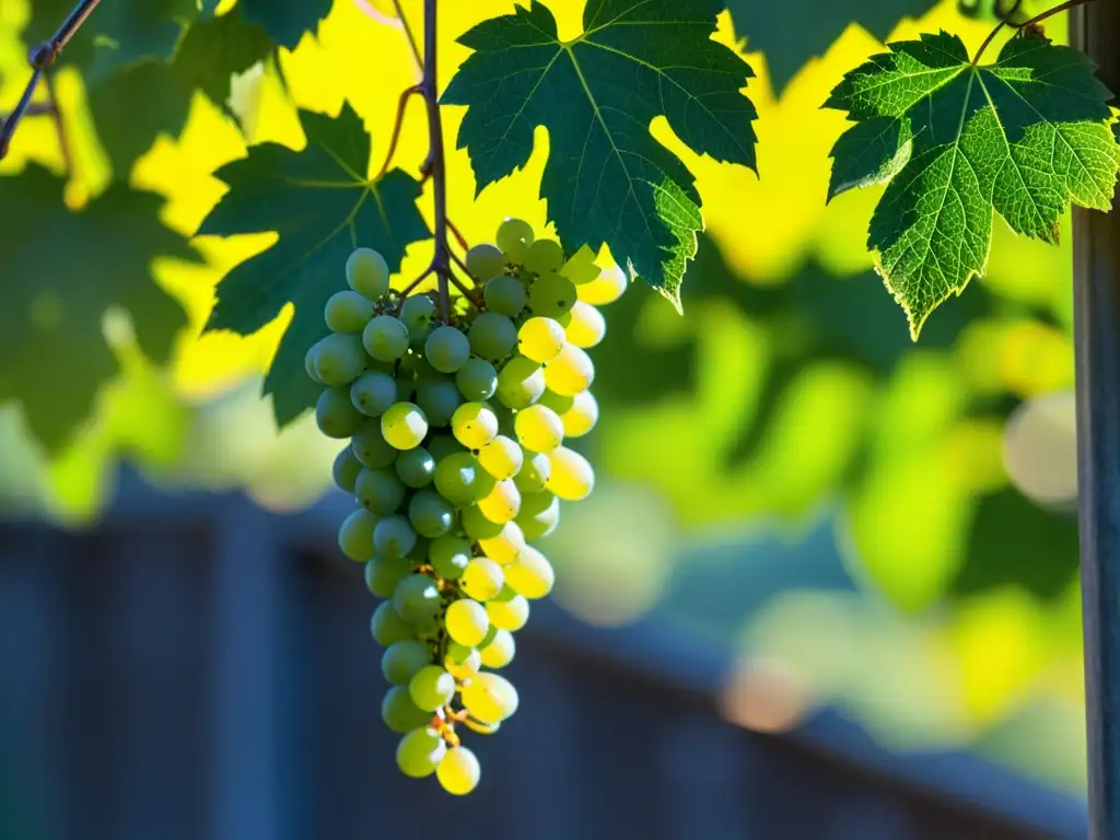 Detalle de vid saludable con hojas verdes, enredaderas y racimos de uvas, muestra técnicas innovadoras de poda para plantas trepadoras