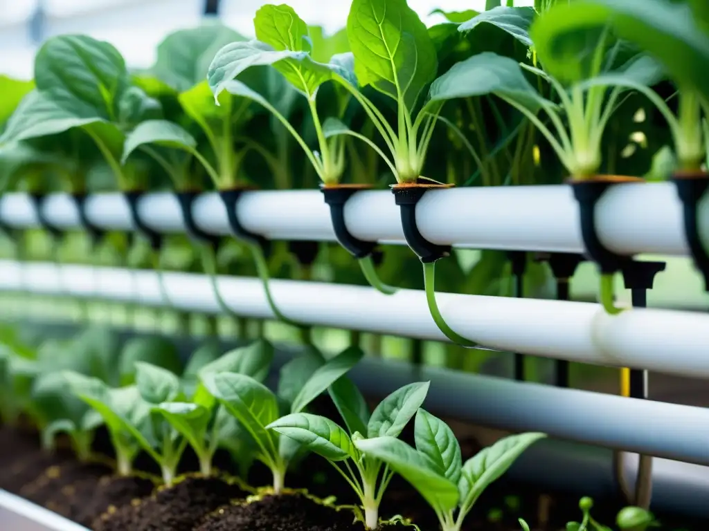 Detalle de sistema de riego por goteo en acuaponía urbana, innovación y sostenibilidad con plantas saludables