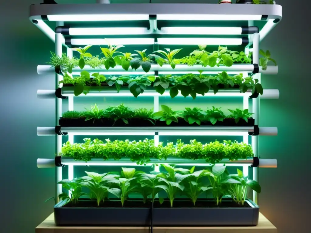 Detalle de sistema de acuaponía vertical con tecnología LED y plantas exuberantes