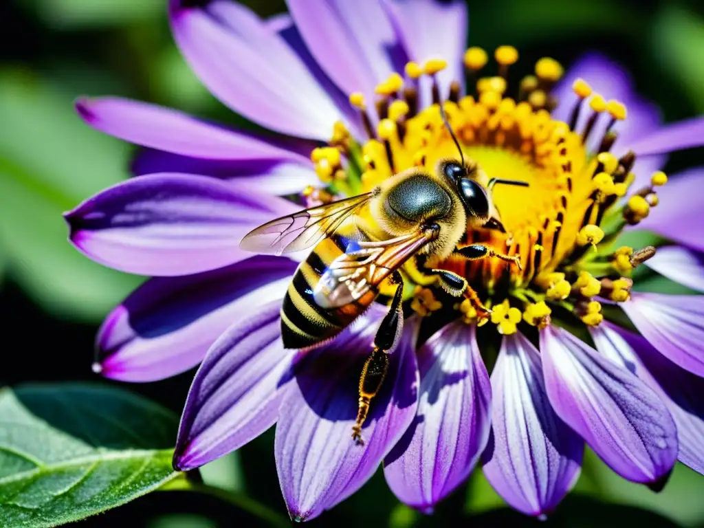 Detalle ultra nítido de abeja cubierta de polen amarillo sobre flor morada en jardín urbano, capturando la polinización cruzada en huertos urbanos